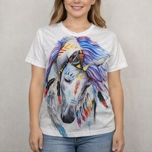 🌈 Devin Du Horse Graphic T-Shirt – Size Small | Boho Western Unicorn Print